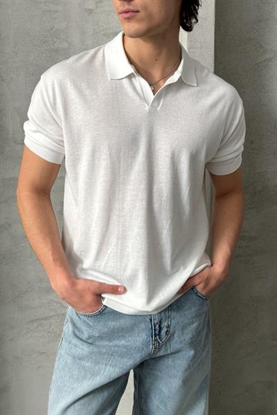 Erkek Oversize Pamuklu Polo Yaka Triko T-Shirt Beyaz