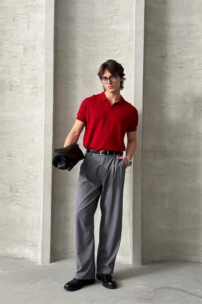 Erkek Oversize Pamuklu Polo Yaka Triko T-Shirt Kırmızı
