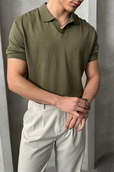 Erkek Oversize Pamuklu Polo Yaka Triko T-Shirt Yeşil