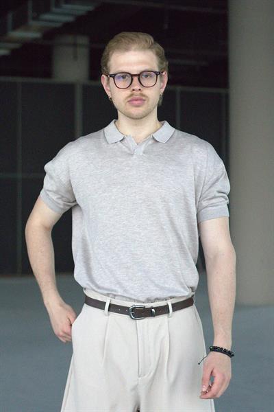 Erkek Oversize Pamuklu Polo Yaka Triko T-Shirt Bej