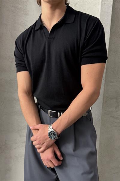 Erkek Oversize Pamuklu Polo Yaka Triko T-Shirt Siyah