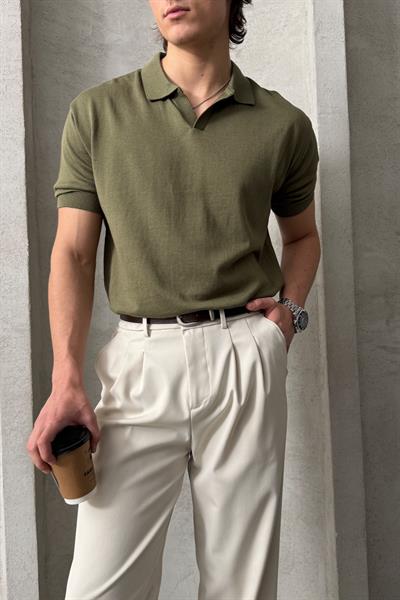 Erkek Oversize Pamuklu Polo Yaka Triko T-Shirt Yeşil