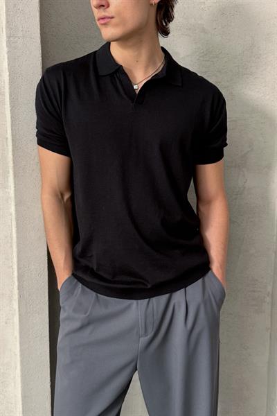 Erkek Oversize Pamuklu Polo Yaka Triko T-Shirt Siyah