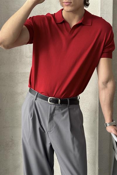 Erkek Oversize Pamuklu Polo Yaka Triko T-Shirt Kırmızı