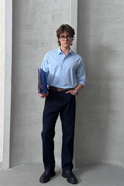 Erkek Oversize Pamuklu Poplin Gömlek Açık Mavi