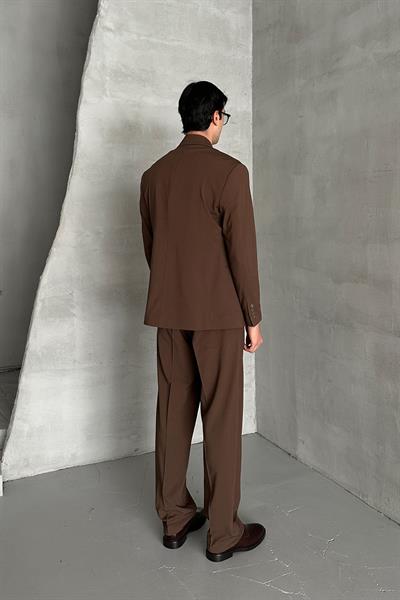 Erkek Oversize Rahat Kalıp Kruvaze Takım Elbise Koyu Kahve