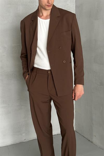 Erkek Oversize Rahat Kalıp Kruvaze Takım Elbise Koyu Kahve