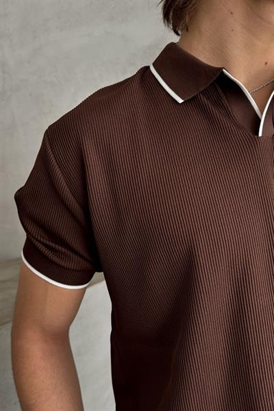 Erkek Oversize Selanik Polo Yaka Triko T-Shirt Kahverengi