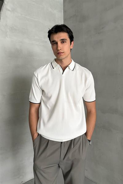 Erkek Oversize Selanik Polo Yaka Triko T-Shirt Beyaz