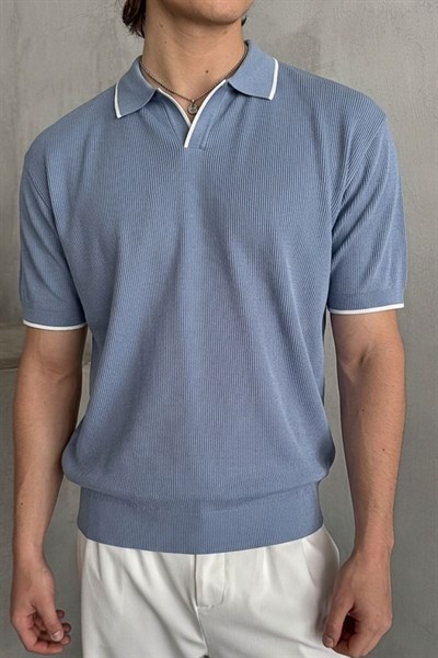 Erkek Oversize Selanik Polo Yaka Triko T-Shirt Açık Mavi