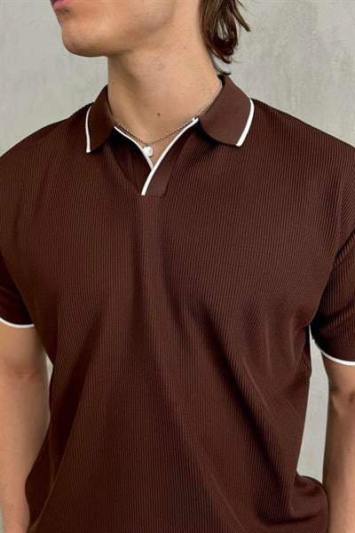 Erkek Oversize Selanik Polo Yaka Triko T-Shirt Kahverengi