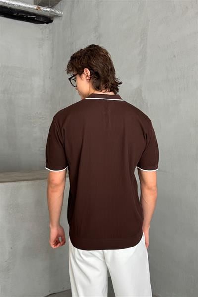 Erkek Oversize Selanik Polo Yaka Triko T-Shirt Kahverengi