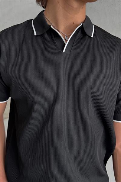 Erkek Oversize Selanik Polo Yaka Triko T-Shirt Siyah