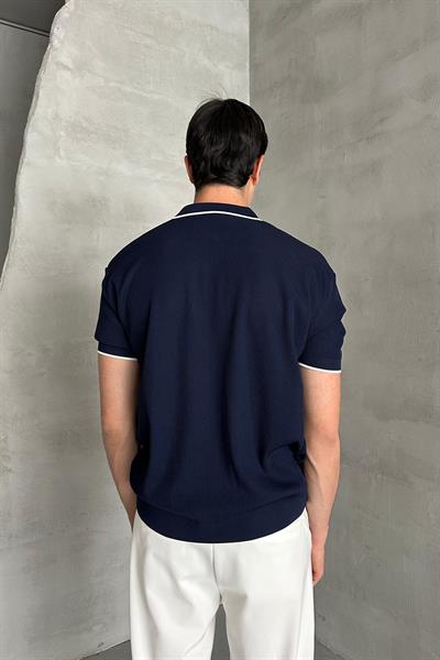 Erkek Oversize Selanik Polo Yaka Triko T-Shirt Lacivert