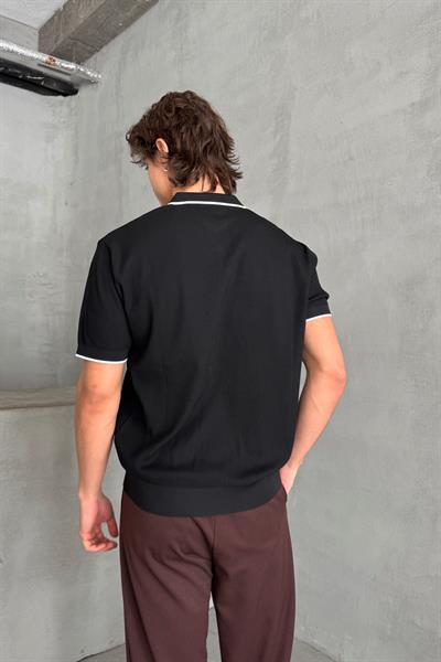 Erkek Oversize Selanik Polo Yaka Triko T-Shirt Siyah