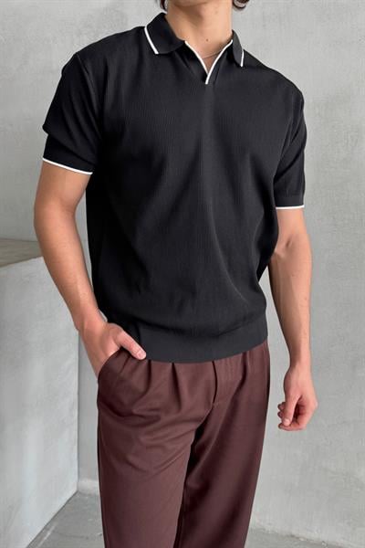 Erkek Oversize Selanik Polo Yaka Triko T-Shirt Siyah