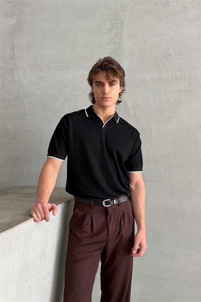 Erkek Oversize Selanik Polo Yaka Triko T-Shirt Siyah