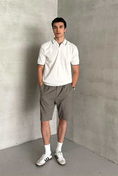 Erkek Oversize Selanik Polo Yaka Triko T-Shirt Beyaz