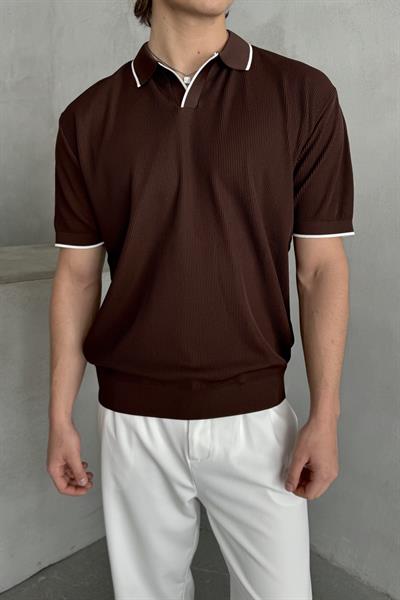 Erkek Oversize Selanik Polo Yaka Triko T-Shirt Kahverengi