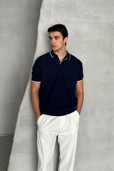 Erkek Oversize Selanik Polo Yaka Triko T-Shirt Lacivert