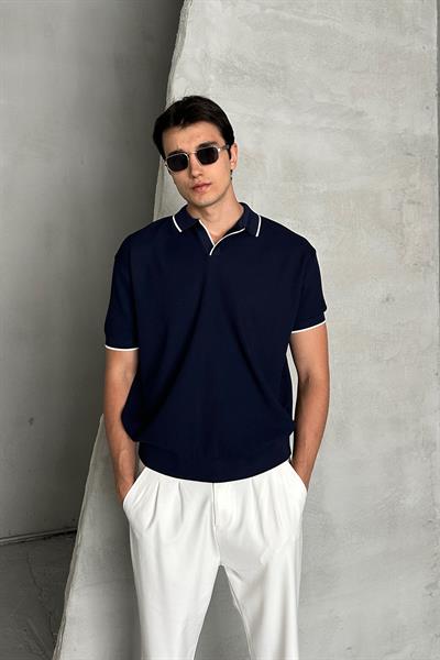 Erkek Oversize Selanik Polo Yaka Triko T-Shirt Lacivert