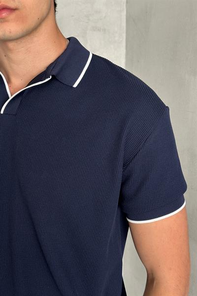 Erkek Oversize Selanik Polo Yaka Triko T-Shirt Lacivert