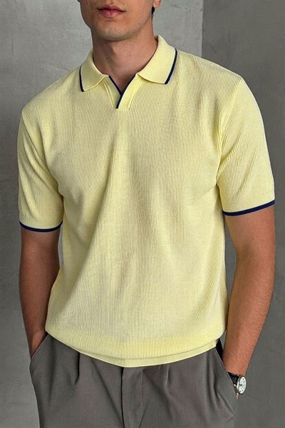 Erkek Oversize Selanik Polo Yaka Triko T-Shirt Sarı