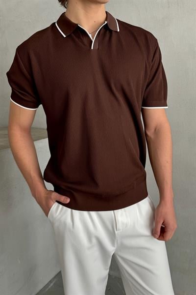 Erkek Oversize Selanik Polo Yaka Triko T-Shirt Kahverengi