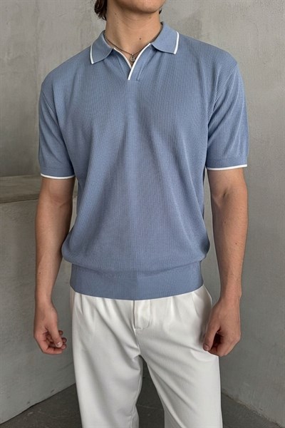 Erkek Oversize Selanik Polo Yaka Triko T-Shirt Açık Mavi
