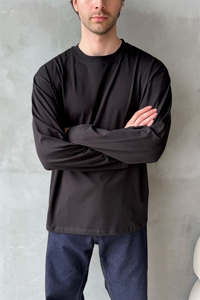 Erkek Oversize Uzun Kollu Basic T-shirt Siyah