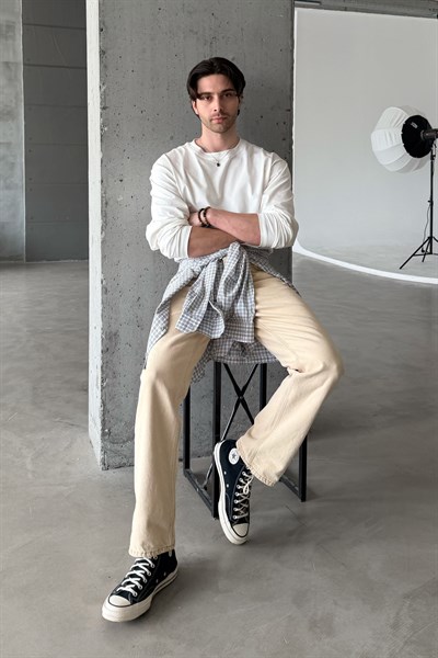 Erkek Oversize Uzun Kollu Basic T-shirt Beyaz