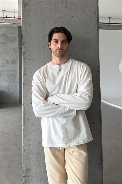 Erkek Oversize Uzun Kollu Basic T-shirt Beyaz