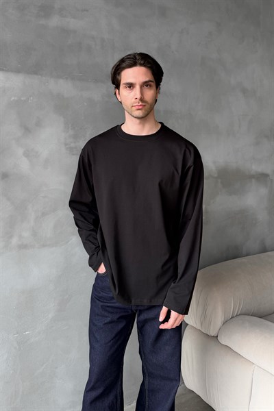 Erkek Oversize Uzun Kollu Basic T-shirt Siyah
