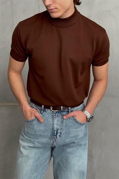 Erkek Oversize Yarım Balıkçı Triko Kısa Kol T-shirt Kahverengi