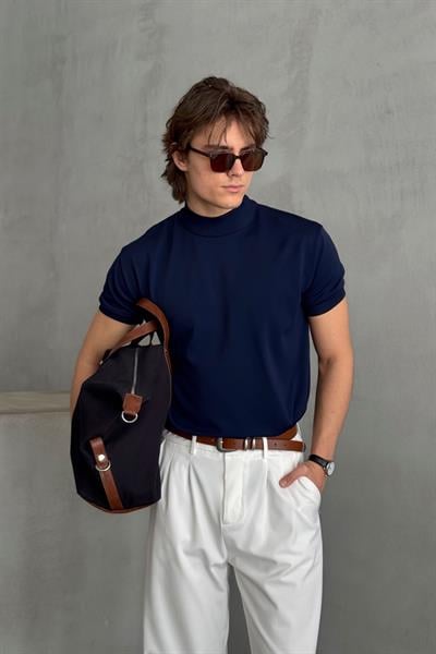 Erkek Oversize Yarım Balıkçı Triko Kısa Kol T-shirt Lacivert