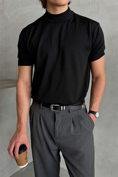 Erkek Oversize Yarım Balıkçı Triko Kısa Kol T-shirt Siyah