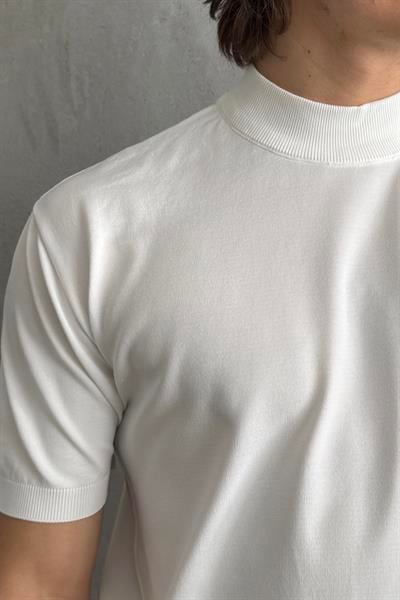 Erkek Oversize Yarım Balıkçı Triko Kısa Kol T-shirt Beyaz