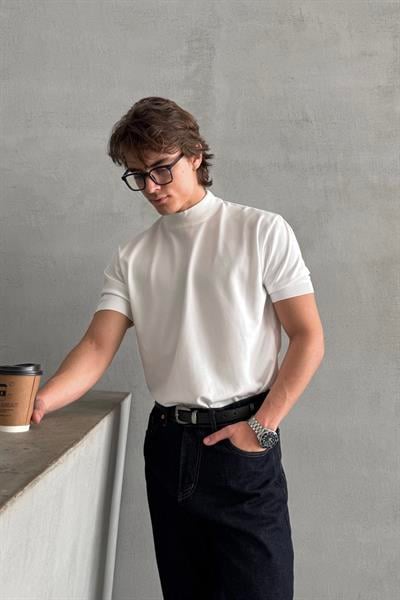 Erkek Oversize Yarım Balıkçı Triko Kısa Kol T-shirt Beyaz