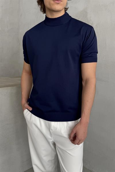 Erkek Oversize Yarım Balıkçı Triko Kısa Kol T-shirt Lacivert