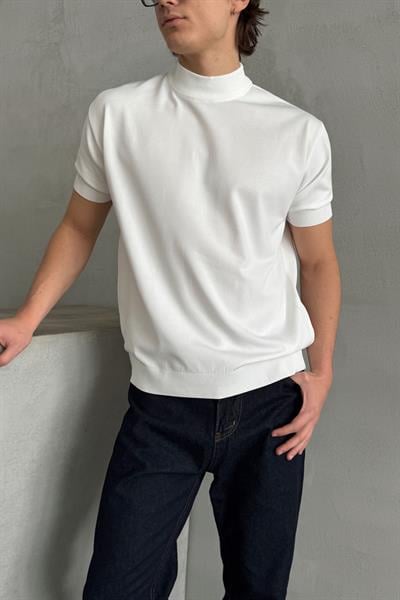 Erkek Oversize Yarım Balıkçı Triko Kısa Kol T-shirt Beyaz