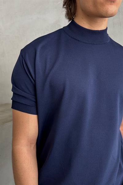 Erkek Oversize Yarım Balıkçı Triko Kısa Kol T-shirt Lacivert