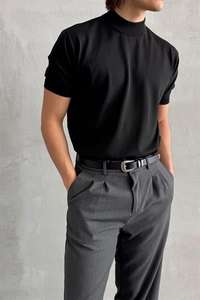 Erkek Oversize Yarım Balıkçı Triko Kısa Kol T-shirt Siyah