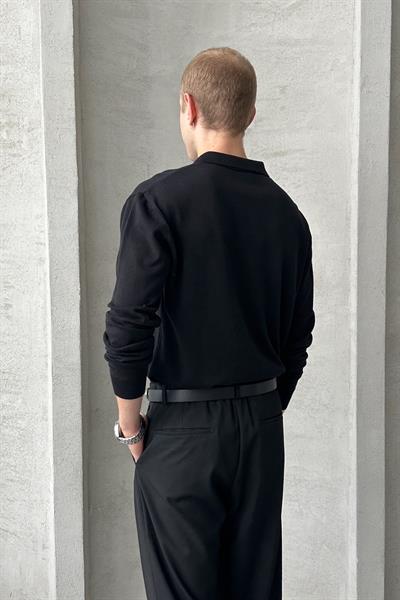 Erkek Pamuklu Polo Yaka Oversize Triko Kazak Siyah