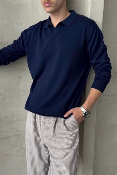 Erkek Pamuklu Polo Yaka Oversize Triko Kazak Lacivert