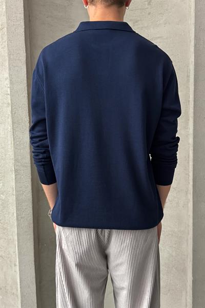 Erkek Pamuklu Polo Yaka Oversize Triko Kazak Lacivert