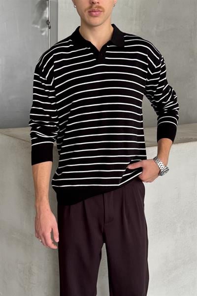 Erkek Pamuklu Polo Yaka Oversize Triko Kazak Beyaz