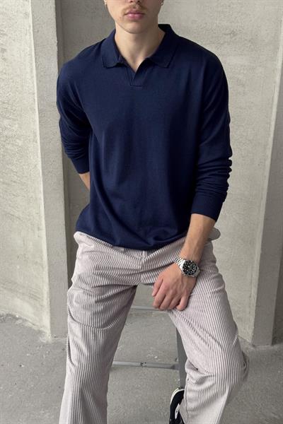 Erkek Pamuklu Polo Yaka Oversize Triko Kazak Lacivert