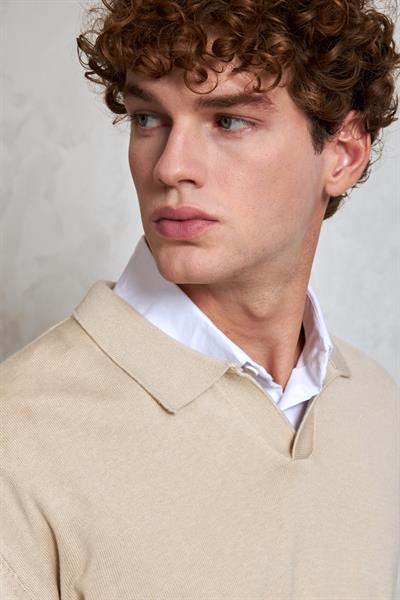 Erkek Pamuklu Polo Yaka Oversize Triko Kazak Krem