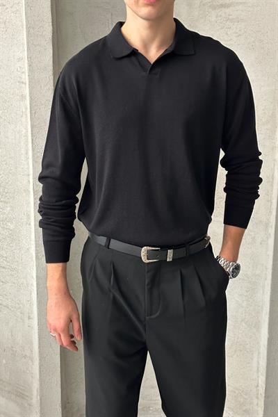 Erkek Pamuklu Polo Yaka Oversize Triko Kazak Siyah