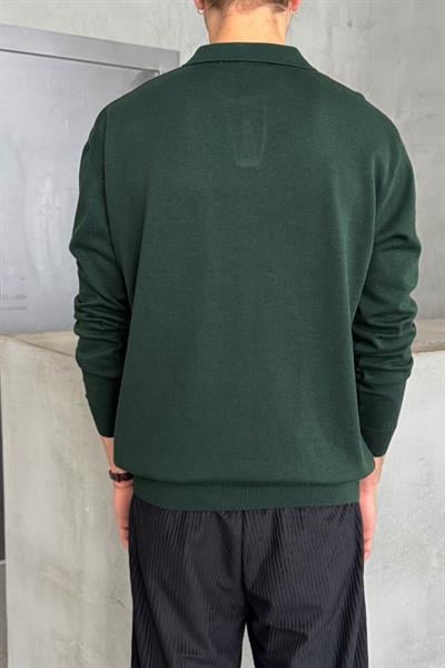 Erkek Pamuklu Polo Yaka Oversize Triko Kazak Yeşil